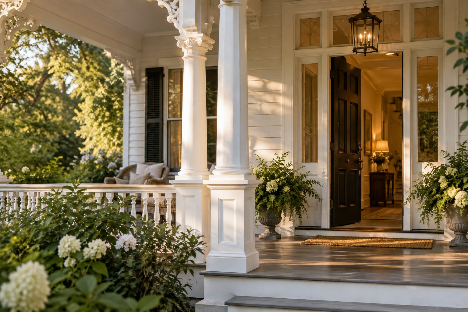 Sunlit porch and welcoming doorway of a New England home